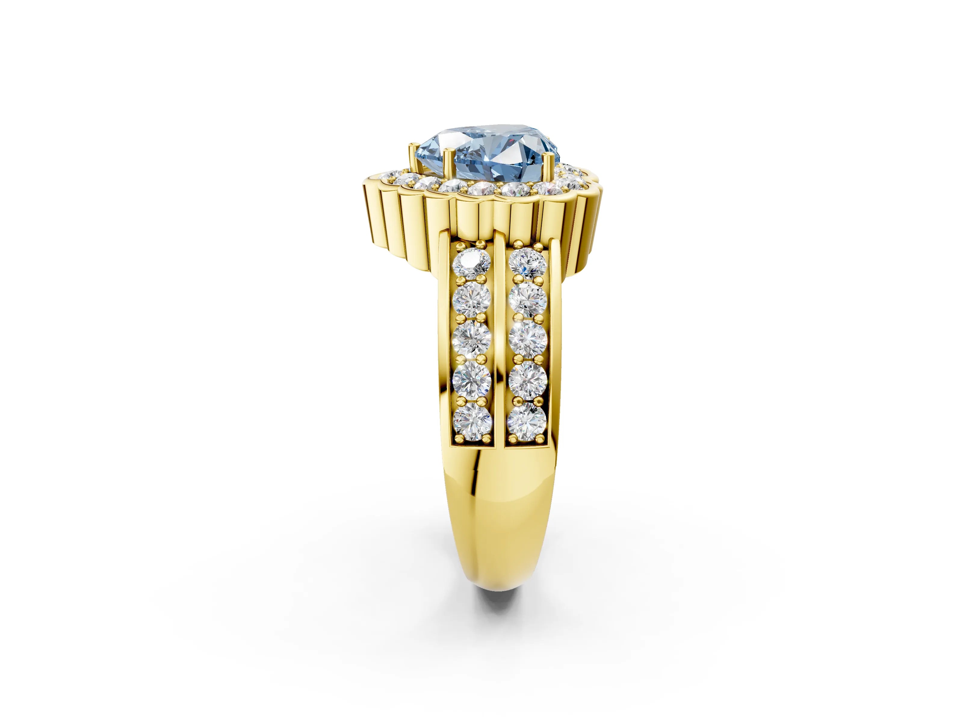 Yellow gold Fancy Blue Heart Cut Halo Diamond Split Shank Ring with Scalloped Prong Setting_2