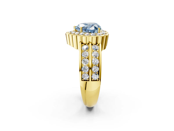 Yellow gold Fancy Blue Heart Cut Halo Diamond Split Shank Ring with Scalloped Prong Setting