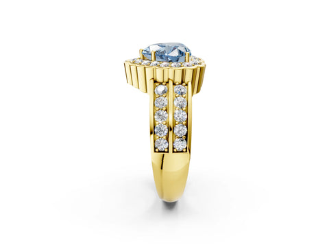 Yellow gold Fancy Blue Heart Cut Halo Diamond Split Shank Ring with Scalloped Prong Setting_2