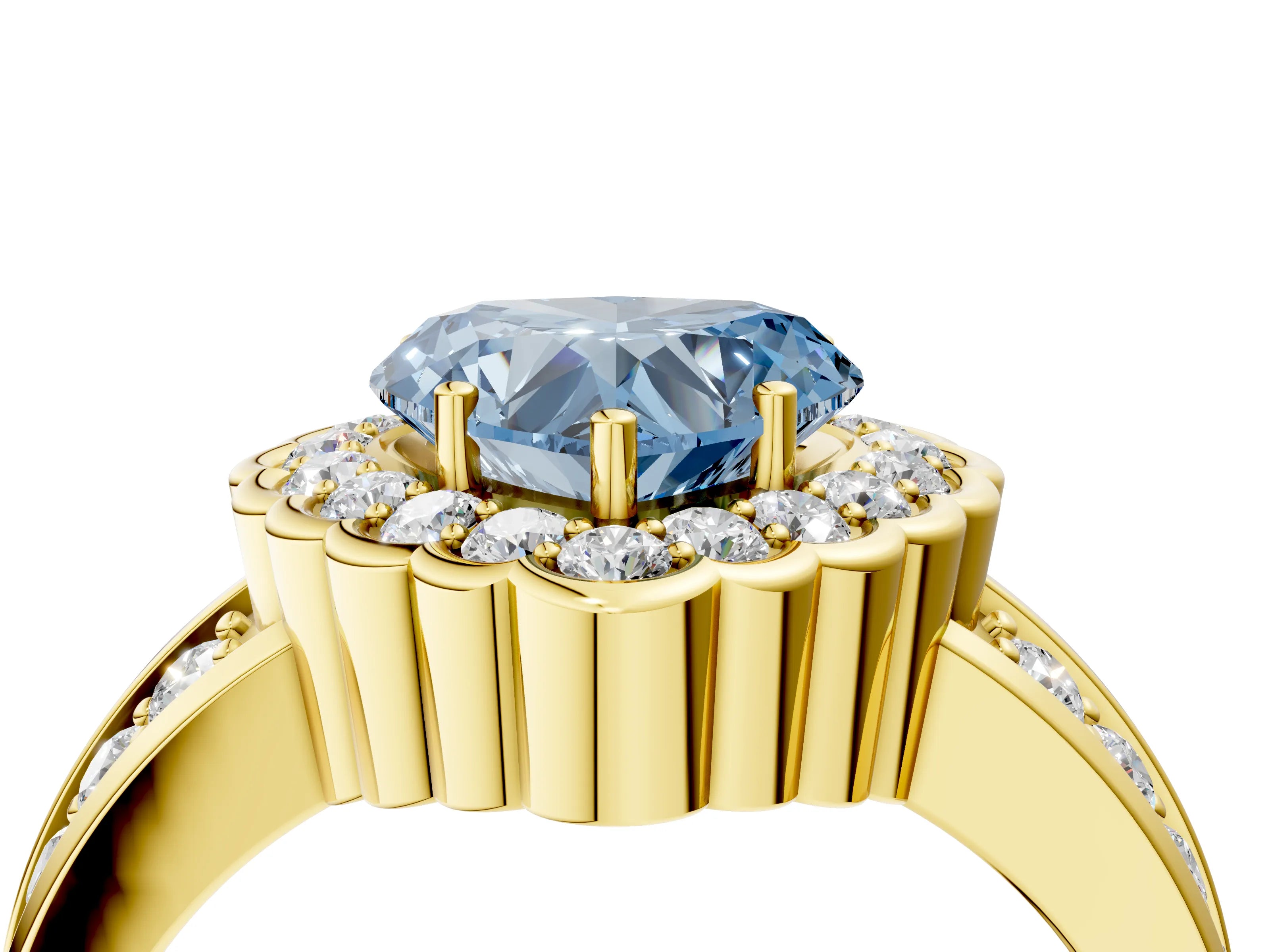 Yellow gold Fancy Blue Heart Cut Halo Diamond Split Shank Ring with Scalloped Prong Setting_4