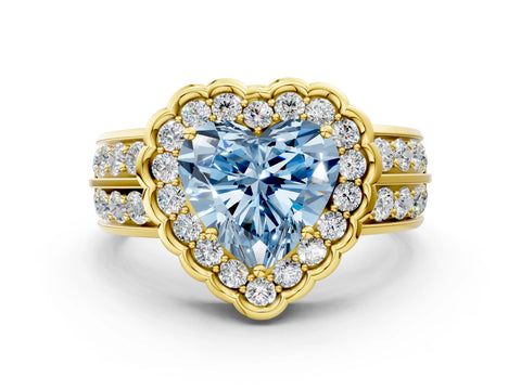 Yellow gold Fancy Blue Heart Cut Halo Diamond Split Shank Ring with Scalloped Prong Setting