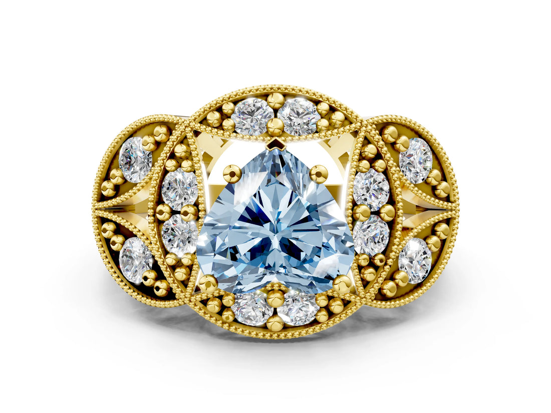 Yellow gold Fancy Blue Heart Cut Halo Milgrain Diamond Engagement Ring with Leaf Band and Four-Prong Setting