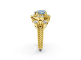 Yellow gold Fancy Blue Heart Cut Halo Milgrain Diamond Engagement Ring with Leaf Band and Four-Prong Setting_2