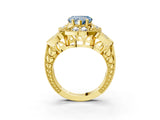 Yellow gold Fancy Blue Heart Cut Halo Milgrain Diamond Engagement Ring with Leaf Band and Four-Prong Setting_3