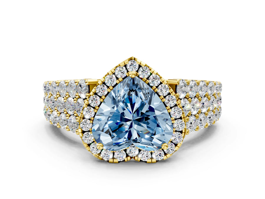 Yellow gold Fancy Blue Heart Cut Halo Pavé Diamond Engagement Ring with Split Shank and Four-Prong Setting