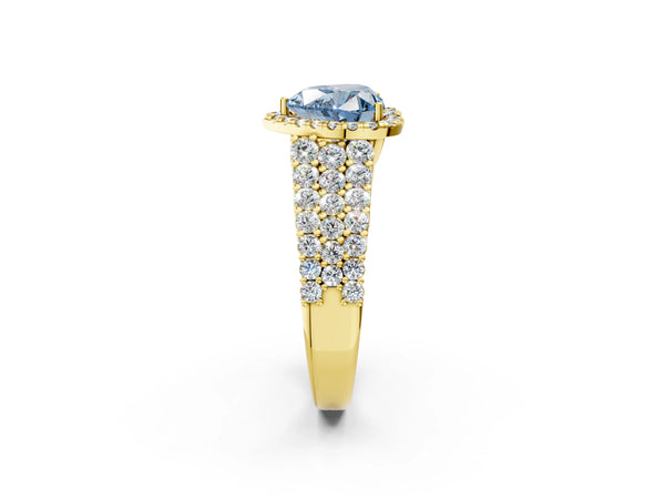 Yellow gold Fancy Blue Heart Cut Halo Pavé Diamond Engagement Ring with Split Shank and Four-Prong Setting
