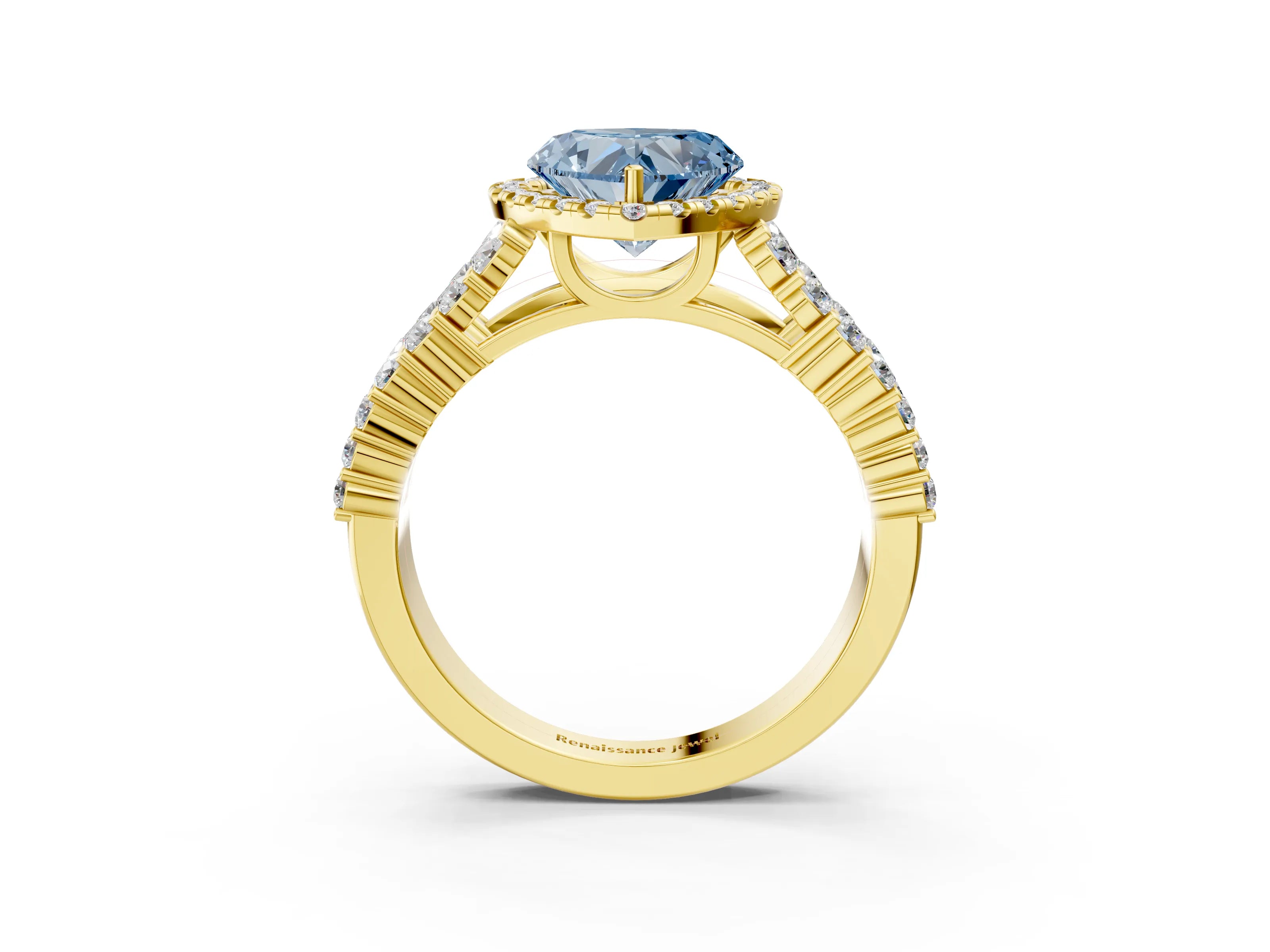 Yellow gold Fancy Blue Heart Cut Halo Pavé Diamond Engagement Ring with Split Shank and Four-Prong Setting_6