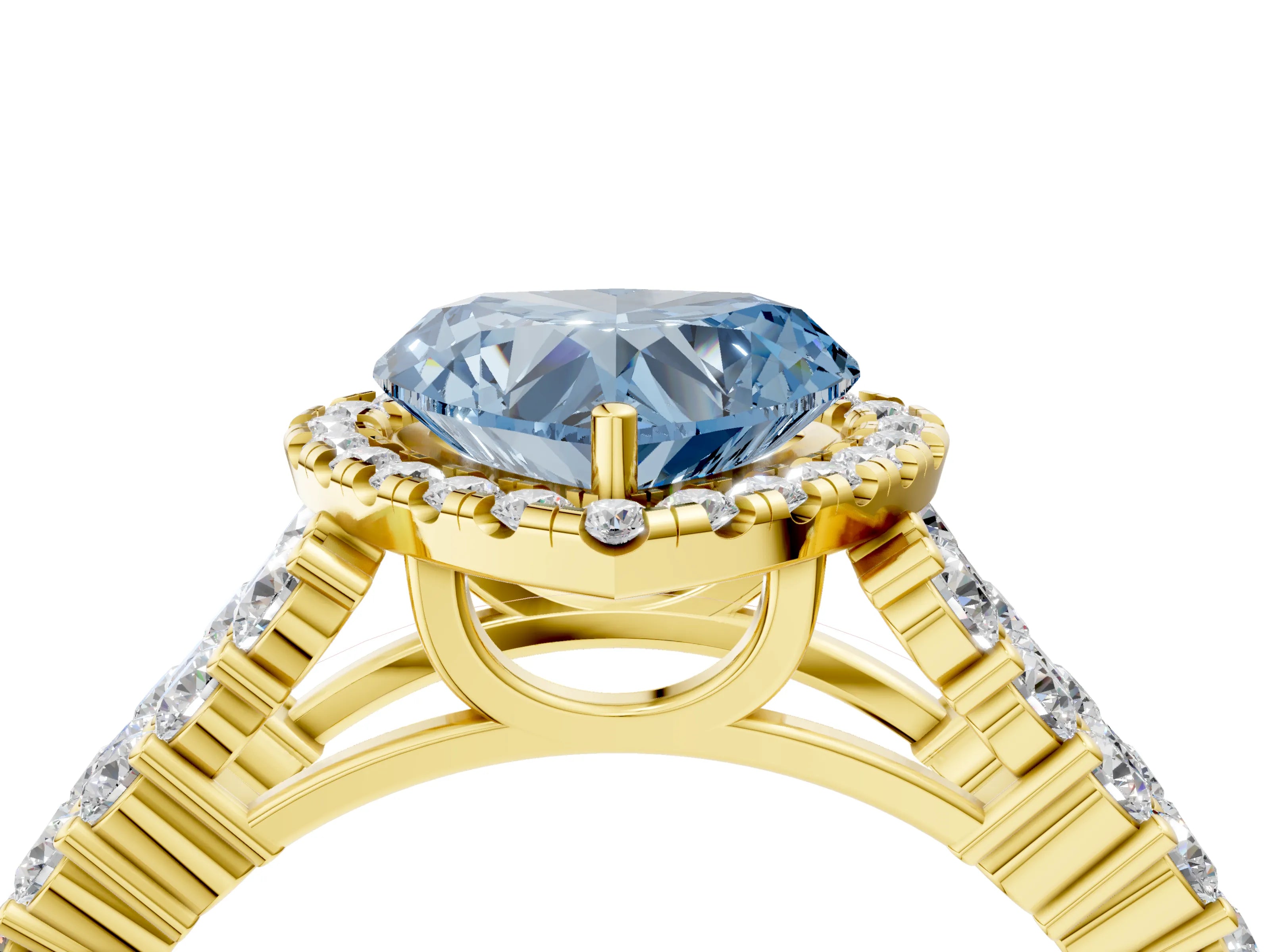 Yellow gold Fancy Blue Heart Cut Halo Pavé Diamond Engagement Ring with Split Shank and Four-Prong Setting_7