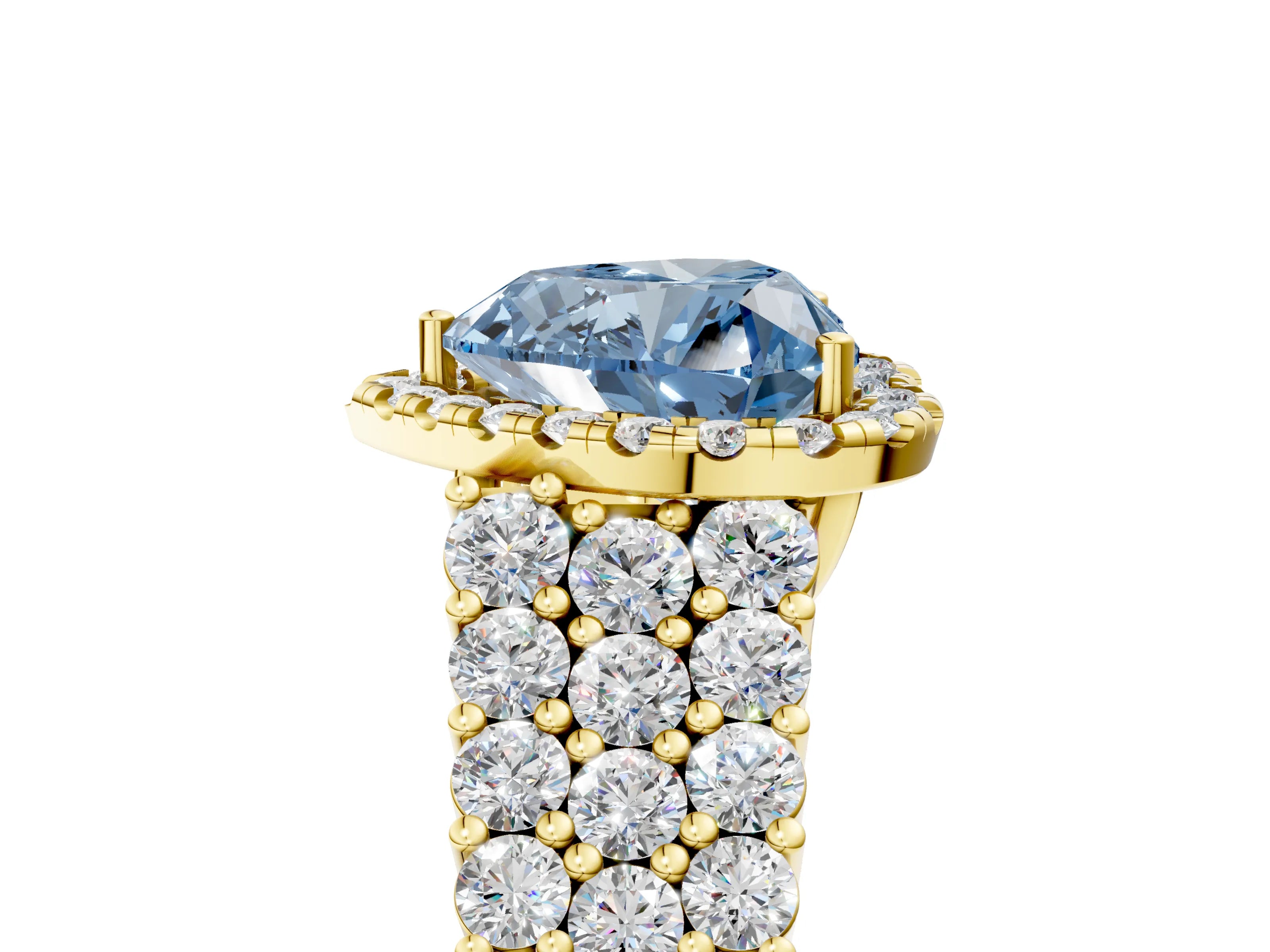 Yellow gold Fancy Blue Heart Cut Halo Pavé Diamond Engagement Ring with Split Shank and Four-Prong Setting_8