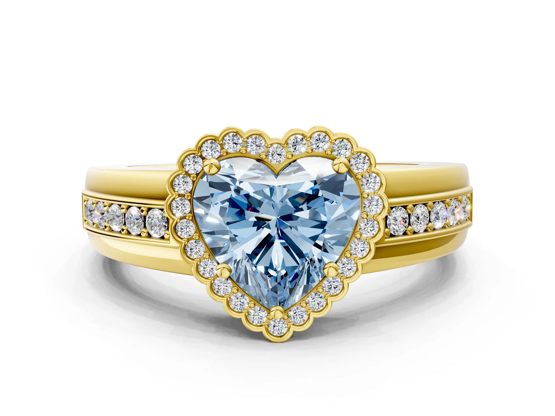 Yellow gold Fancy Blue Heart  Cut Halo Pave Band Four-Prong Ring_49