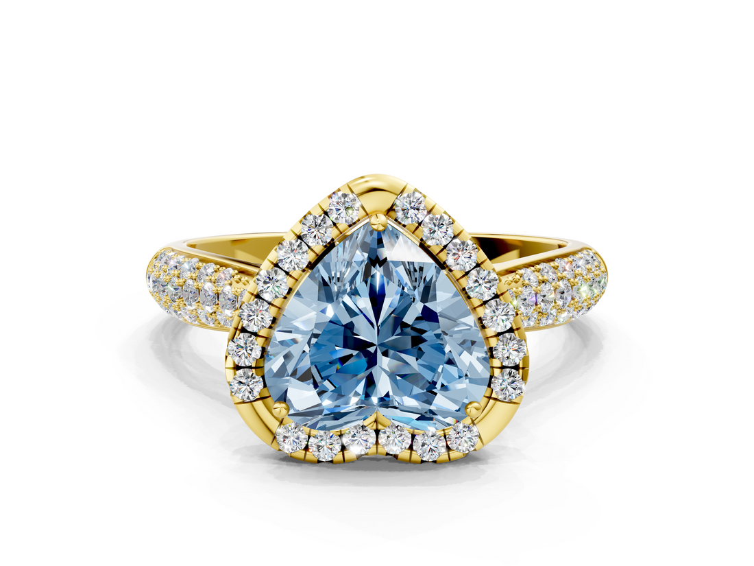 Yellow gold Fancy Blue Heart  Cut Halo Pave Band Four-Prong Setting Ring_20
