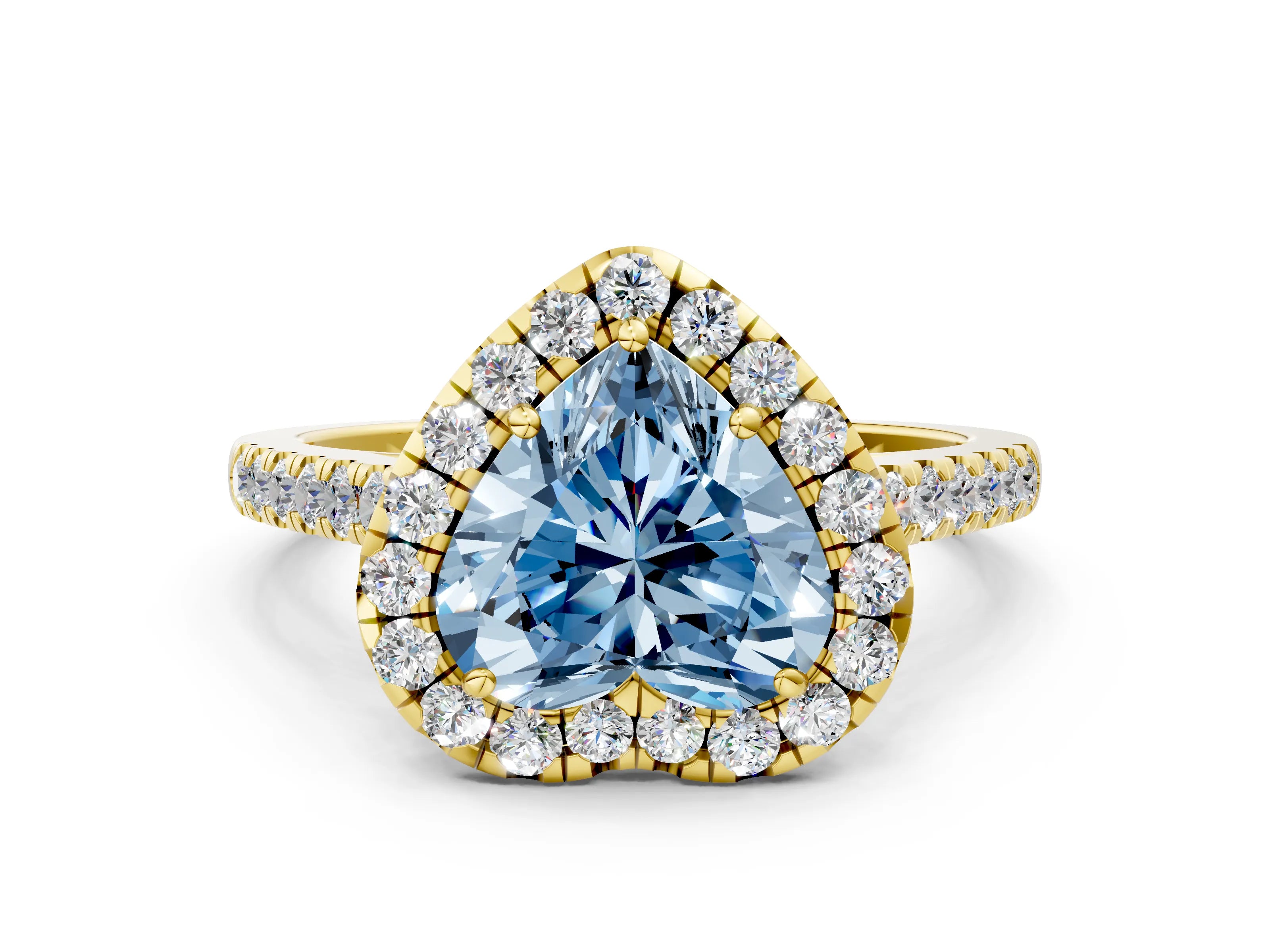 Yellow gold Fancy Blue Heart Cut Halo Pave Diamond Engagement Ring with Four-Prong Setting