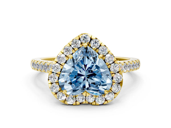 Yellow gold Fancy Blue Heart Cut Halo Pave Diamond Engagement Ring with Four-Prong Setting