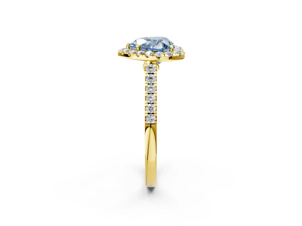 Yellow gold Fancy Blue Heart Cut Halo Pave Diamond Engagement Ring with Four-Prong Setting