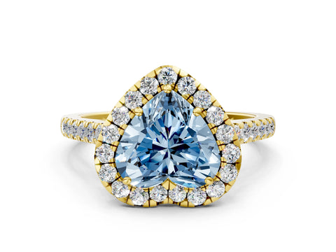 Yellow gold Fancy Blue Heart Cut Halo Pave Diamond Engagement Ring with Four-Prong Setting