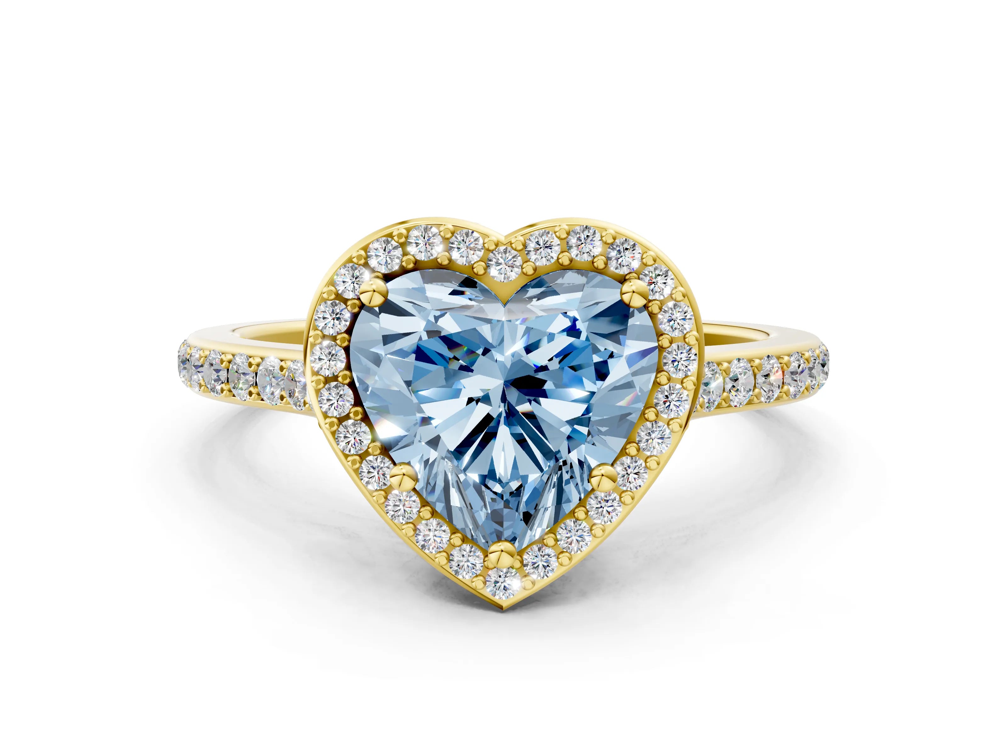 Yellow gold Fancy Blue Heart Cut Halo Round Diamond Pavé Band with Four-Prong Setting_3