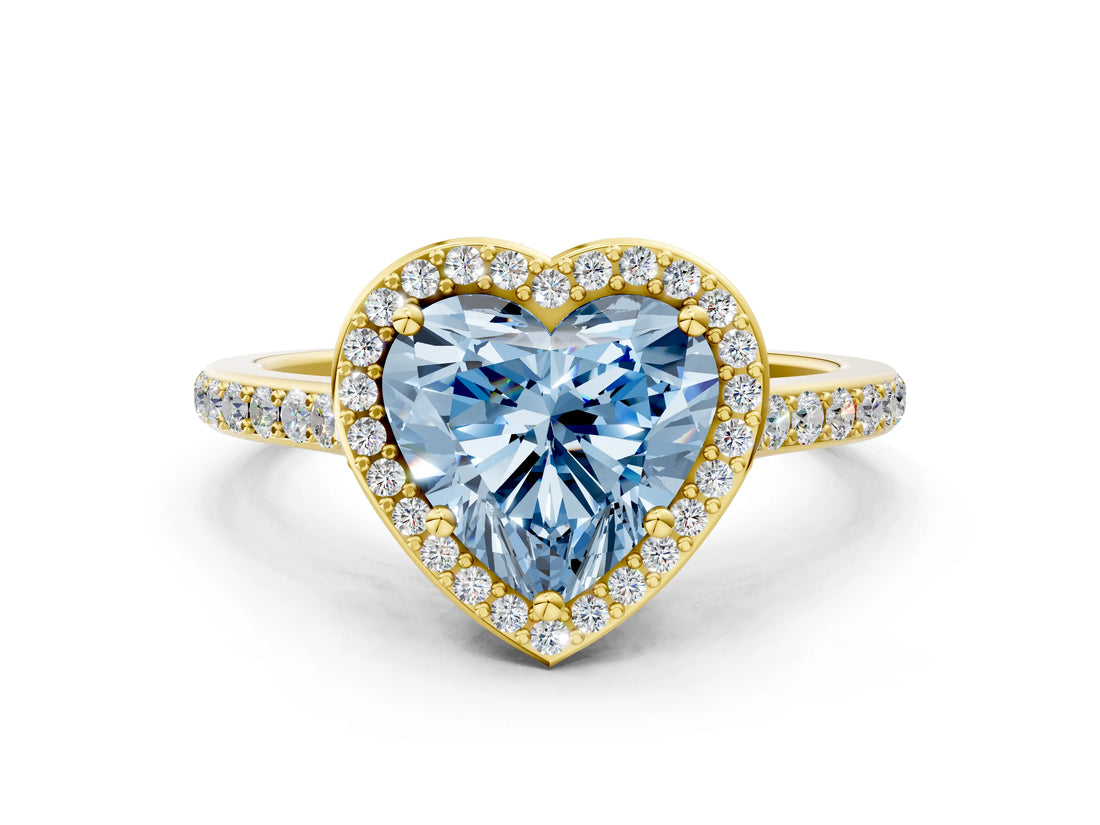 Yellow gold Fancy Blue Heart Cut Halo Round Diamond Pavé Band with Four-Prong Setting_3