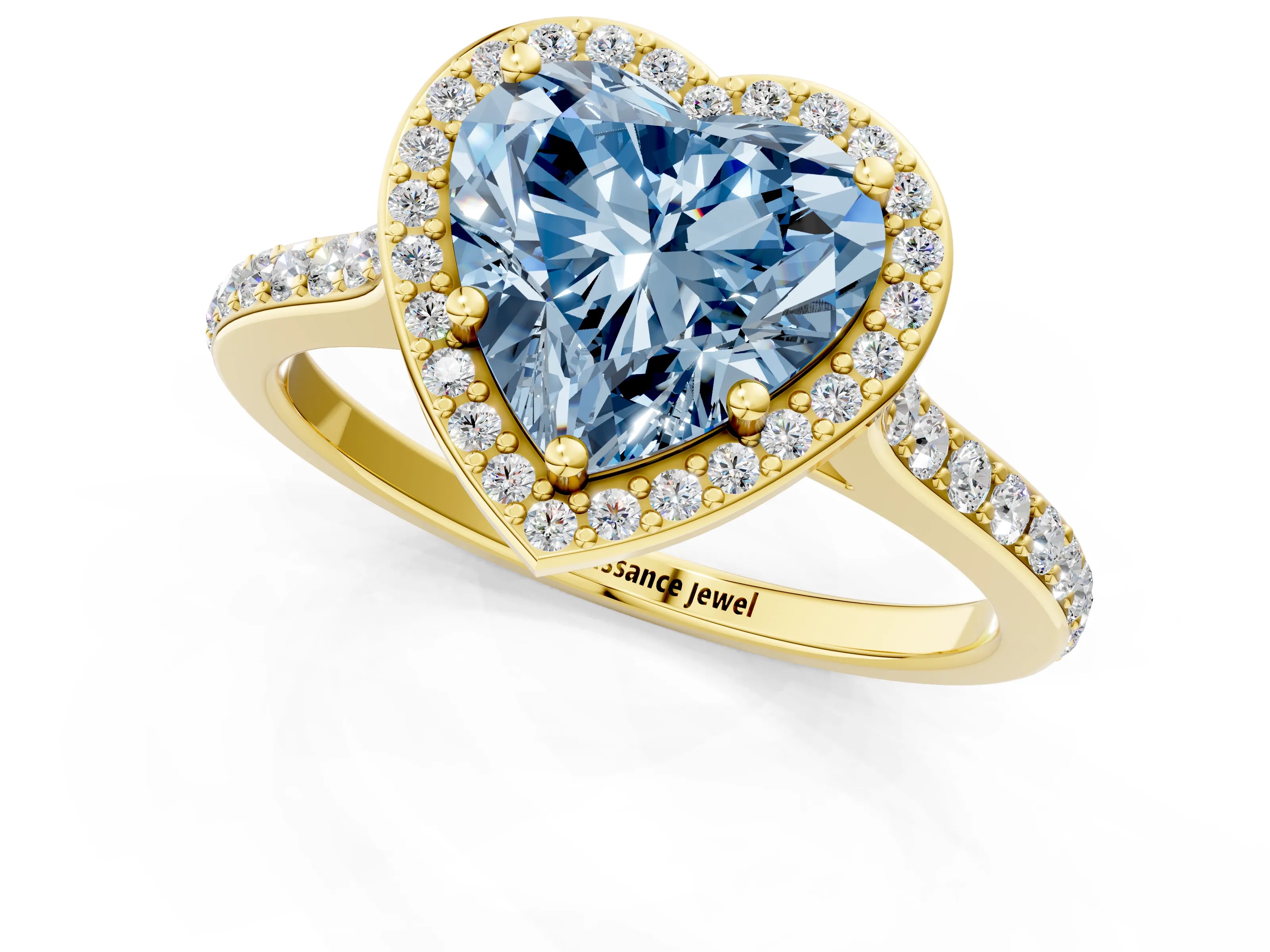 Yellow gold Fancy Blue Heart Cut Halo Round Diamond Pavé Band with Four-Prong Setting_4