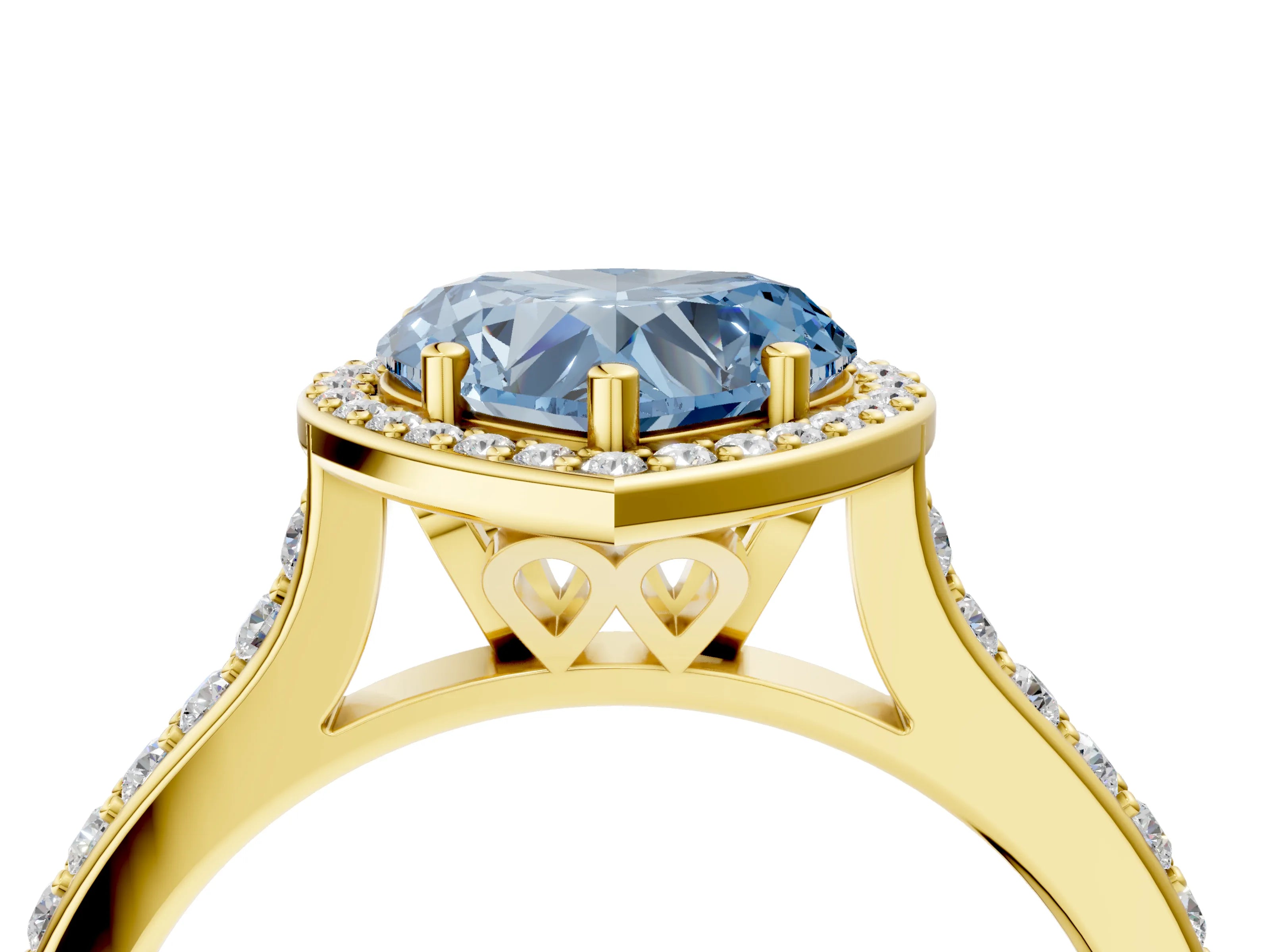 Yellow gold Fancy Blue Heart Cut Halo Round Diamond Pavé Band with Four-Prong Setting_7