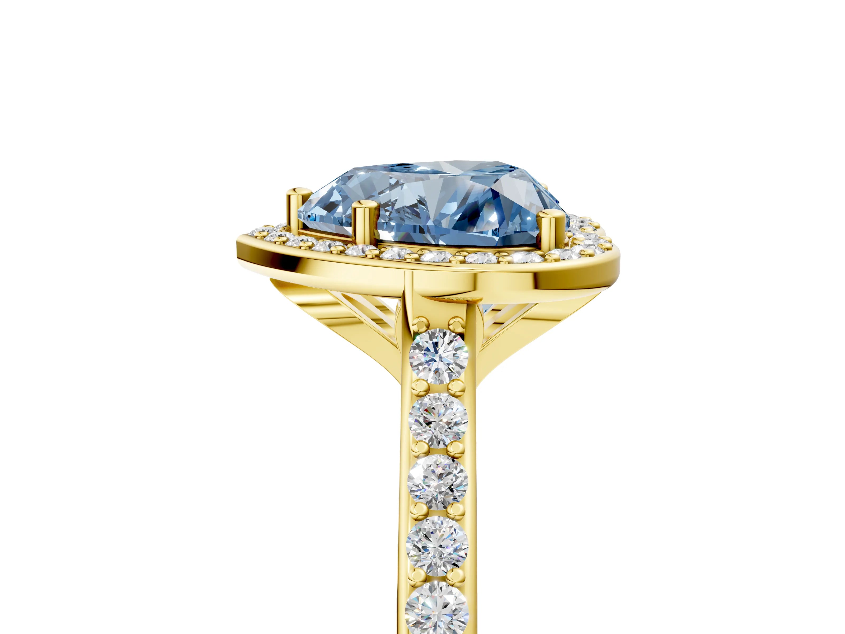 Yellow gold Fancy Blue Heart Cut Halo Round Diamond Pavé Band with Four-Prong Setting_8