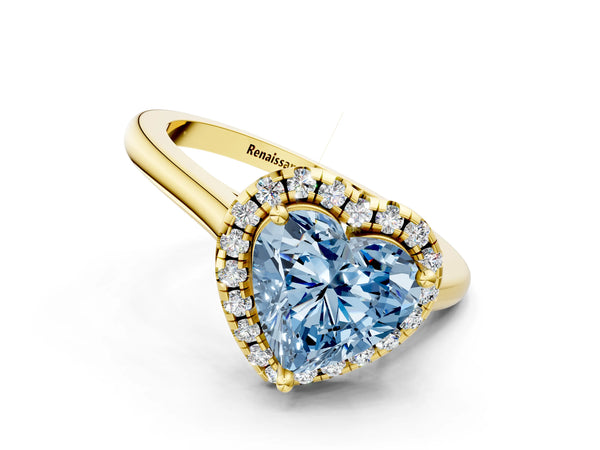 Yellow gold Fancy Blue Heart Cut Halo Round Diamond Solitaire Engagement Ring with Pave Band and Four-Prong Setting