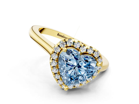Yellow gold Fancy Blue Heart Cut Halo Round Diamond Solitaire Engagement Ring with Pave Band and Four-Prong Setting_12
