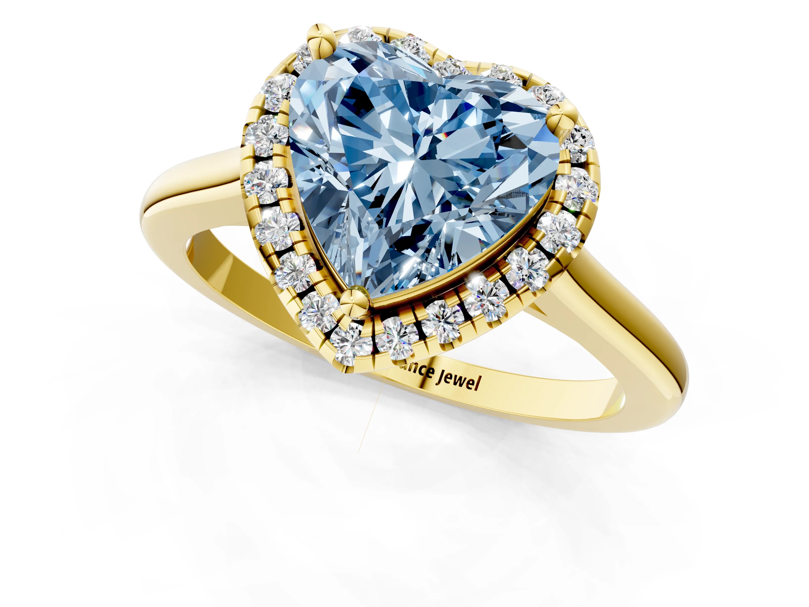 Yellow gold Fancy Blue Heart Cut Halo Round Diamond Solitaire Engagement Ring with Pave Band and Four-Prong Setting_13