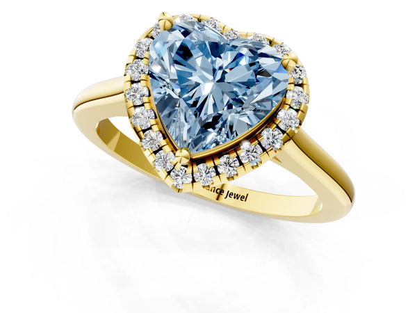 Yellow gold Fancy Blue Heart Cut Halo Round Diamond Solitaire Engagement Ring with Pave Band and Four-Prong Setting