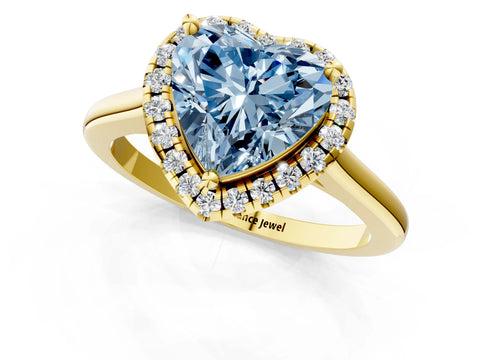 Yellow gold Fancy Blue Heart Cut Halo Round Diamond Solitaire Engagement Ring with Pave Band and Four-Prong Setting_13
