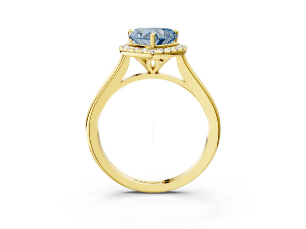 Yellow gold Fancy Blue Heart Cut Halo Round Diamond Solitaire Engagement Ring with Pave Band and Four-Prong Setting