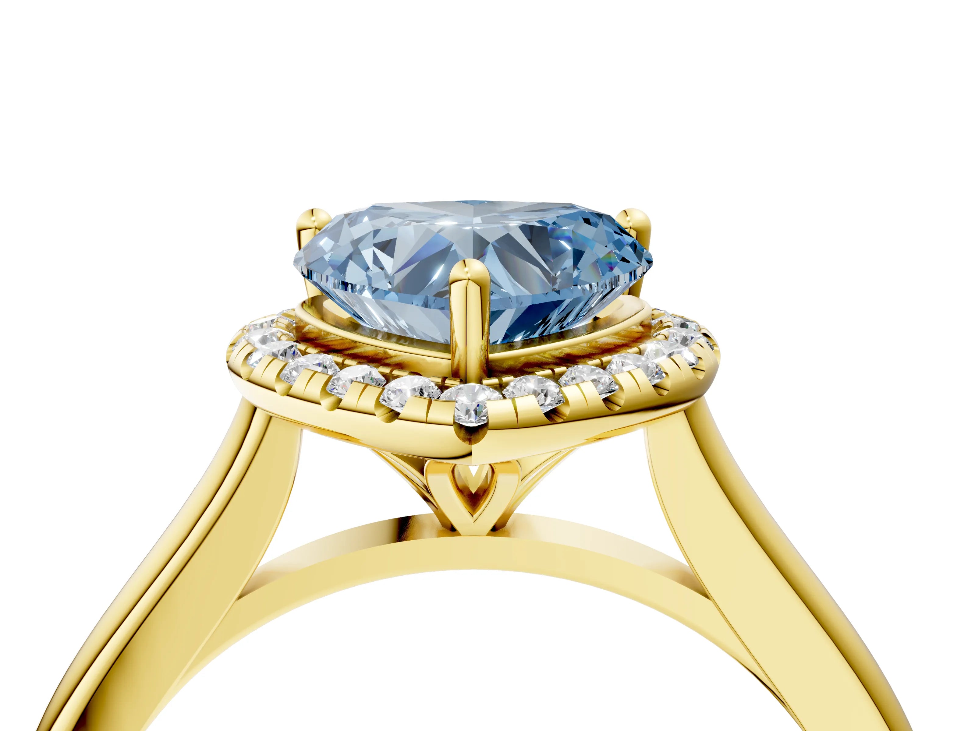 Yellow gold Fancy Blue Heart Cut Halo Round Diamond Solitaire Engagement Ring with Pave Band and Four-Prong Setting_16