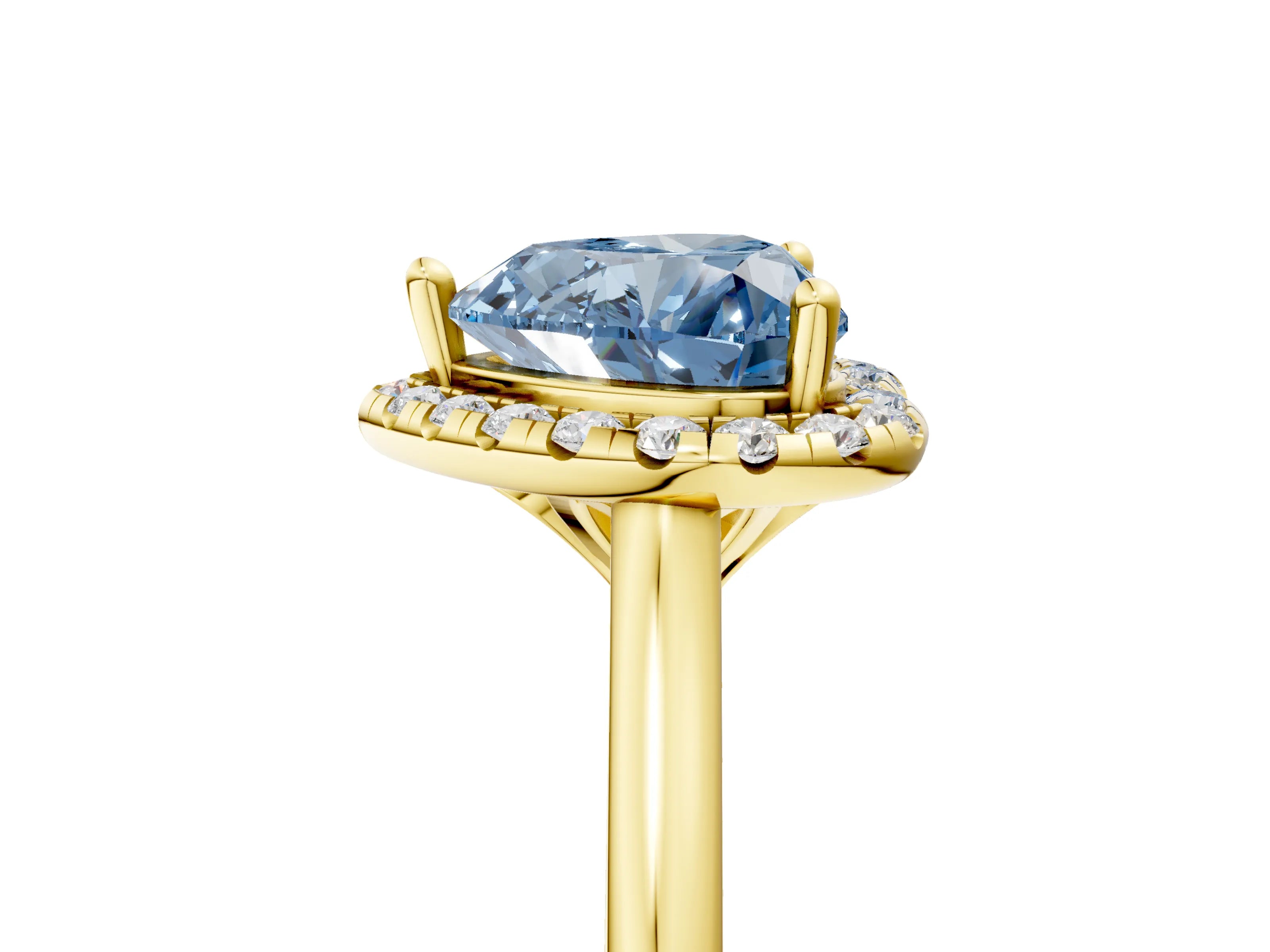Yellow gold Fancy Blue Heart Cut Halo Round Diamond Solitaire Engagement Ring with Pave Band and Four-Prong Setting_17