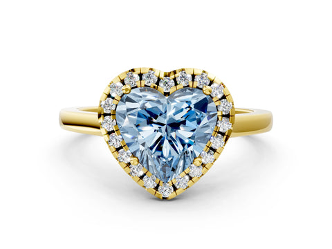 Yellow gold Fancy Blue Heart Cut Halo Round Diamond Solitaire Ring with Pavé Band and Four-Prong Setting_12