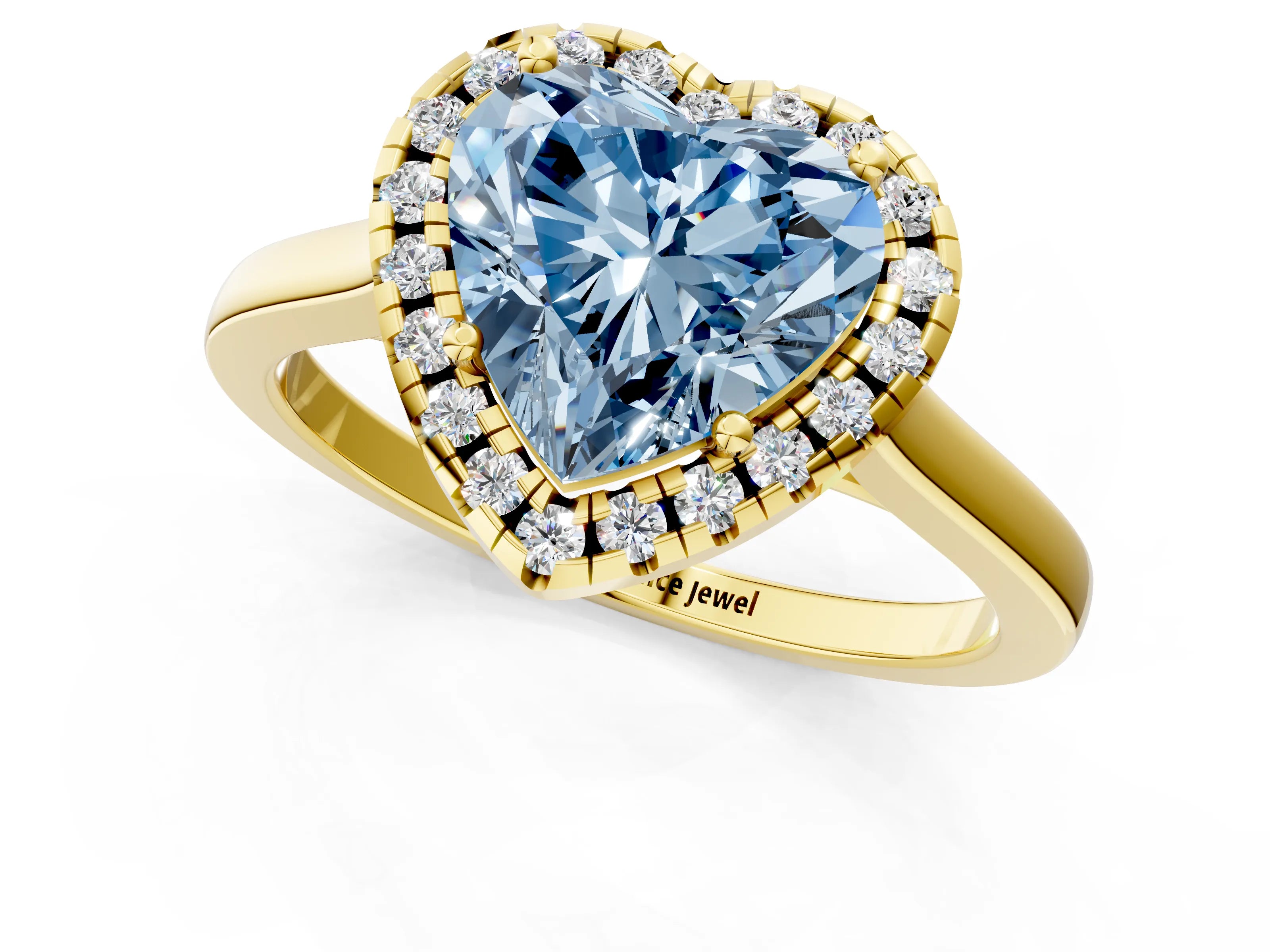 Yellow gold Fancy Blue Heart Cut Halo Round Diamond Solitaire Ring with Pavé Band and Four-Prong Setting_13