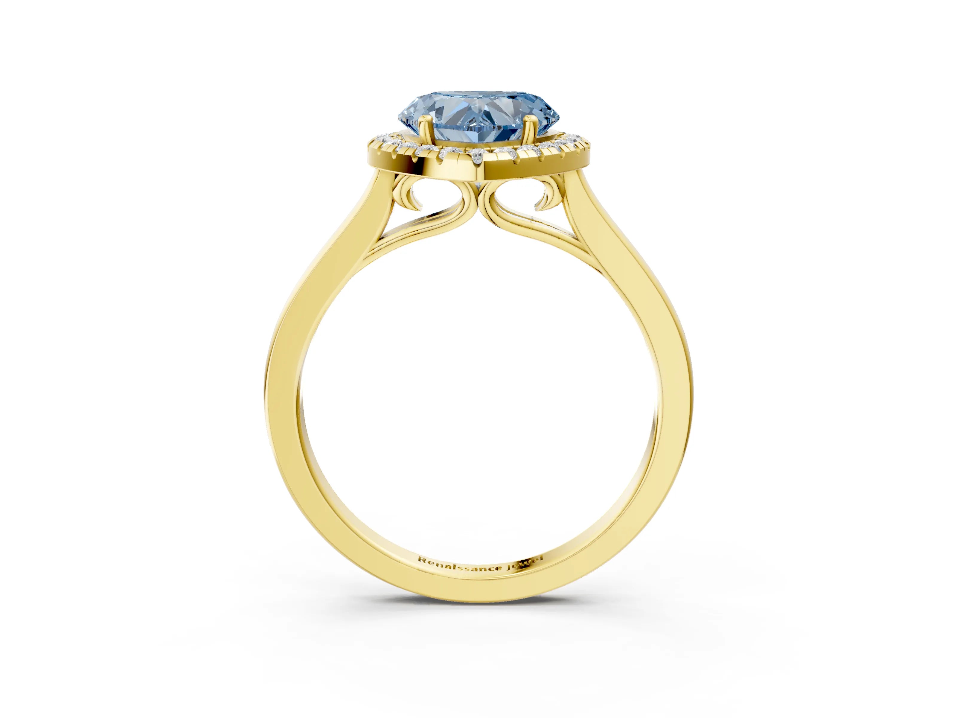 Yellow gold Fancy Blue Heart Cut Halo Round Diamond Solitaire Ring with Pavé Band and Four-Prong Setting_15
