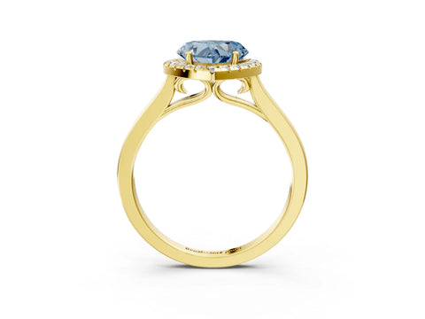 Yellow gold Fancy Blue Heart Cut Halo Round Diamond Solitaire Ring with Pavé Band and Four-Prong Setting_15