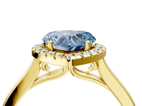 Yellow gold Fancy Blue Heart Cut Halo Round Diamond Solitaire Ring with Pavé Band and Four-Prong Setting_16