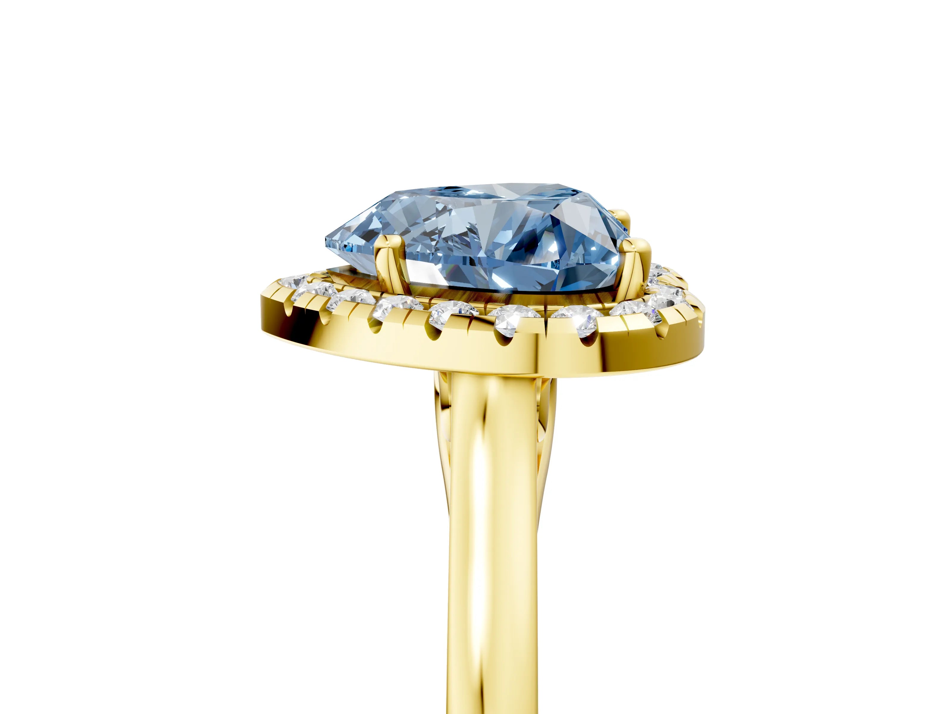 Yellow gold Fancy Blue Heart Cut Halo Round Diamond Solitaire Ring with Pavé Band and Four-Prong Setting_17