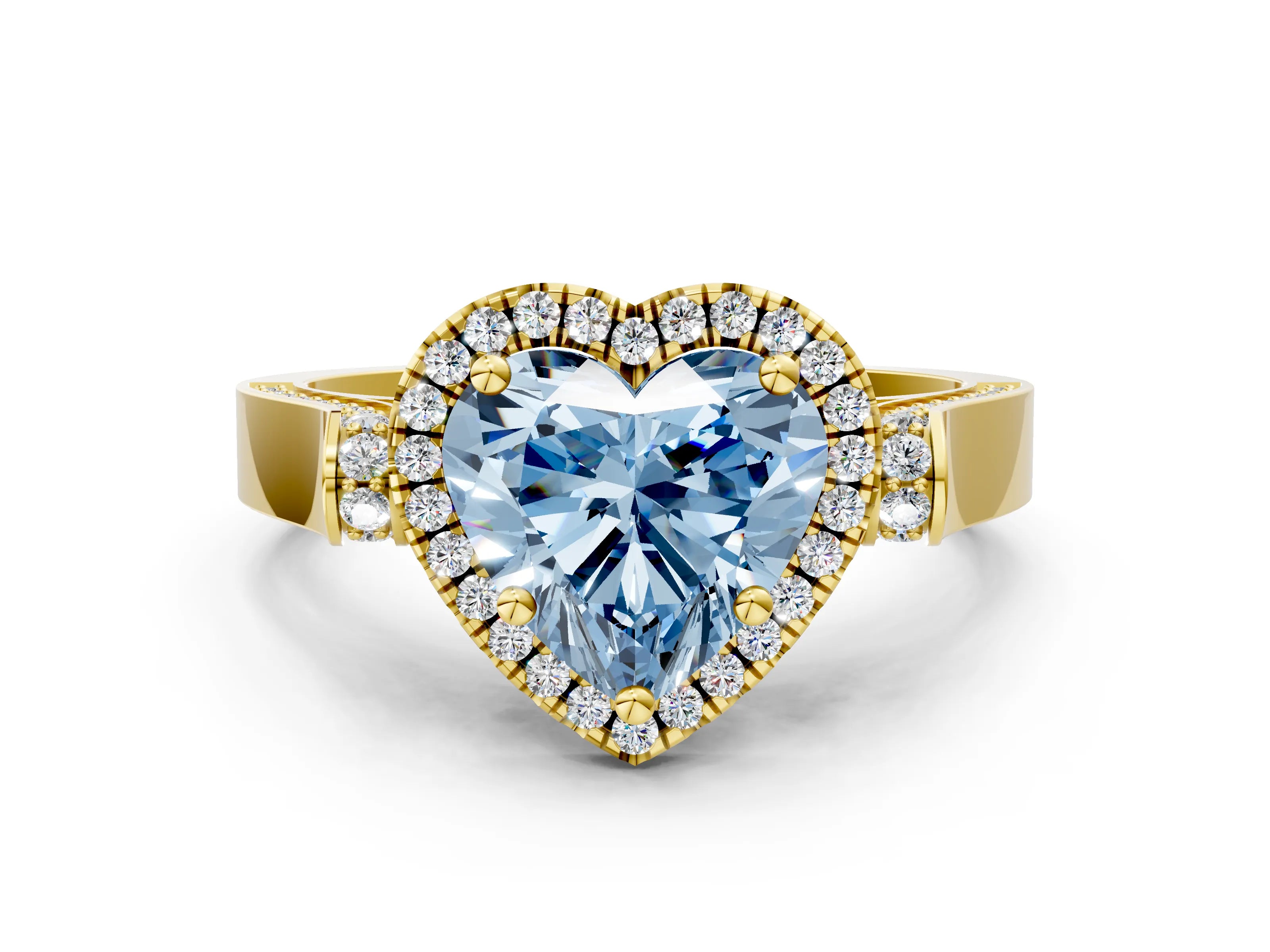Yellow gold Fancy Blue Heart Cut Halo Round Diamond Twist Band with Four-Prong Setting