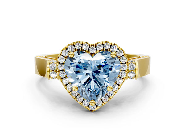 Yellow gold Fancy Blue Heart Cut Halo Round Diamond Twist Band with Four-Prong Setting