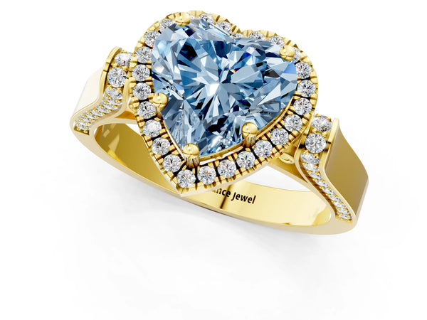 Yellow gold Fancy Blue Heart Cut Halo Round Diamond Twist Band with Four-Prong Setting