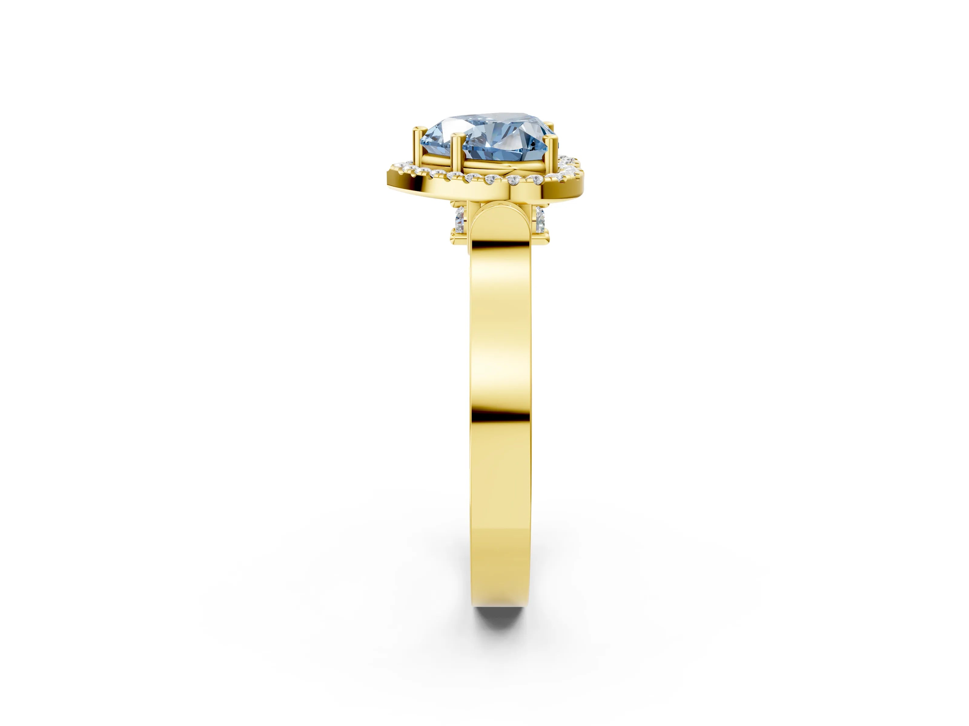 Yellow gold Fancy Blue Heart Cut Halo Round Diamond Twist Band with Four-Prong Setting_2