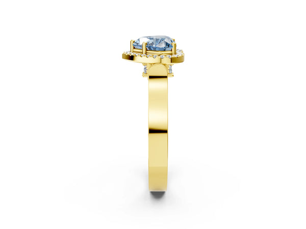 Yellow gold Fancy Blue Heart Cut Halo Round Diamond Twist Band with Four-Prong Setting