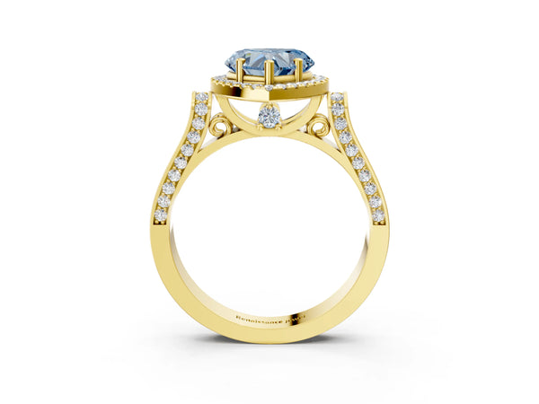 Yellow gold Fancy Blue Heart Cut Halo Round Diamond Twist Band with Four-Prong Setting