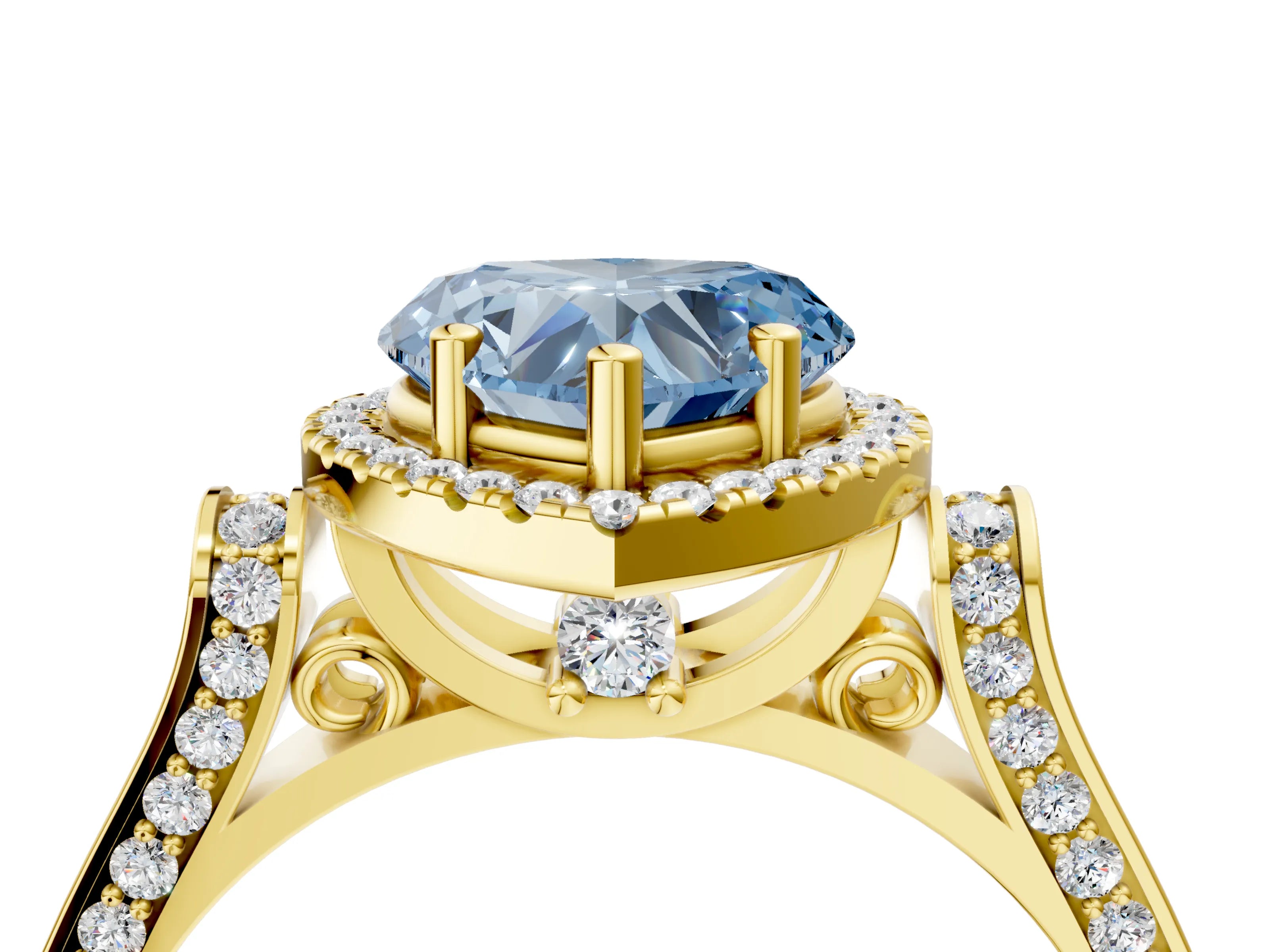 Yellow gold Fancy Blue Heart Cut Halo Round Diamond Twist Band with Four-Prong Setting_4