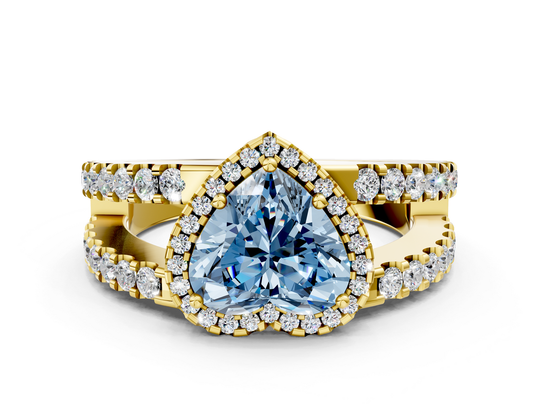 Yellow gold Fancy Blue Heart  Cut Halo Split Shank Diamond Ring with Four-Prong Setting_45