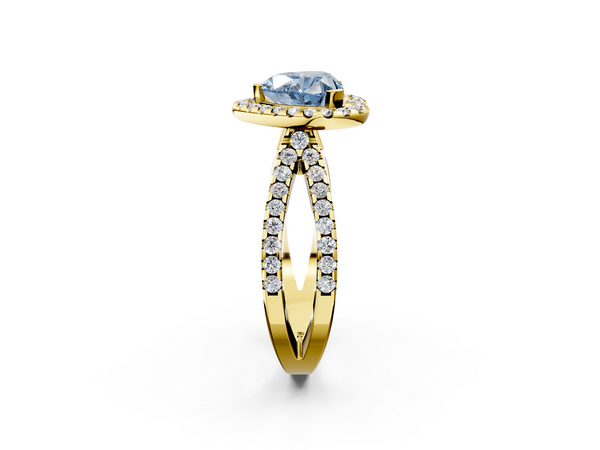Yellow gold Fancy Blue Heart Cut Diamond Halo Ring with Split Shank Pavé Band and Prong Setting