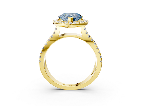 Yellow gold Fancy Blue Heart Cut Diamond Halo Ring with Split Shank Pavé Band and Prong Setting