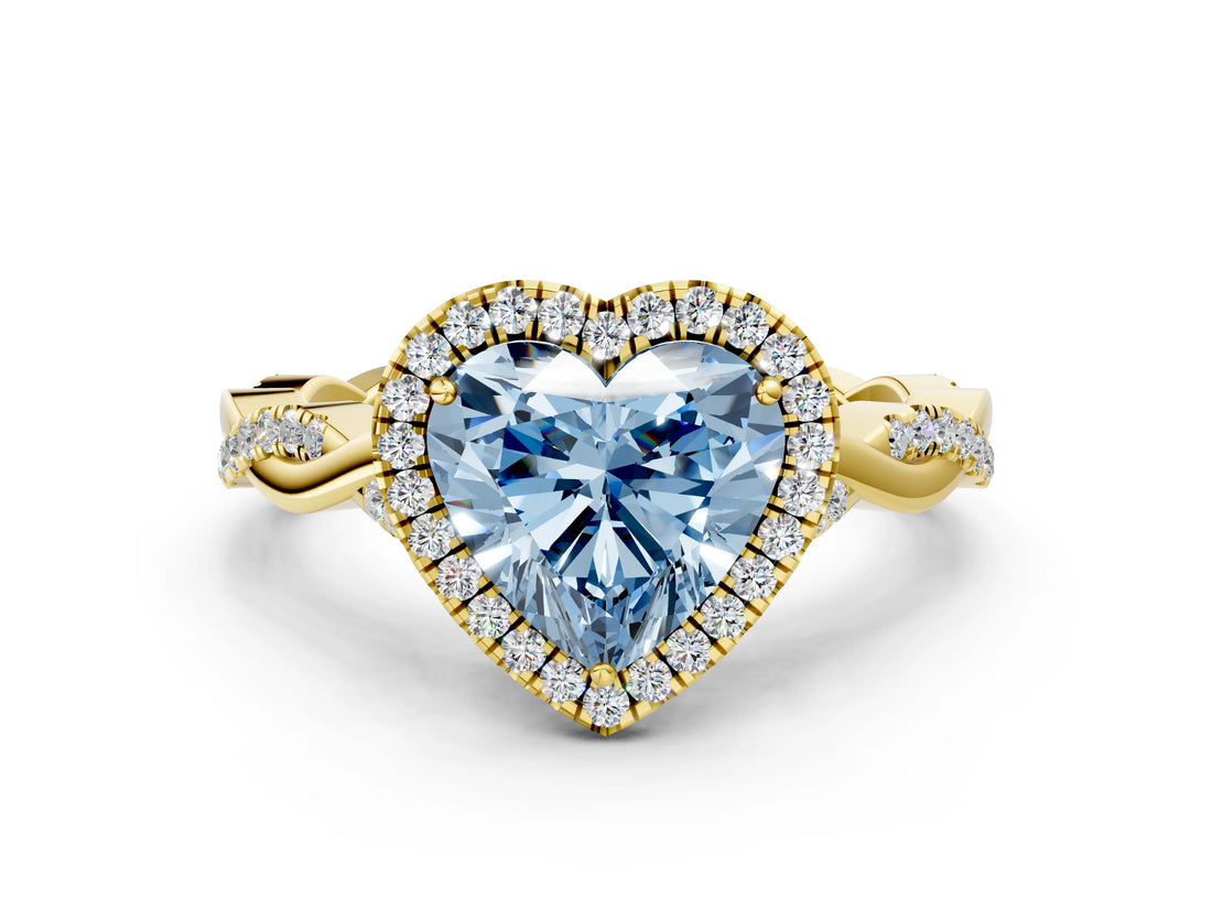 Yellow gold Fancy Blue Heart Cut Halo Twist Band with Four-Prong Setting_12
