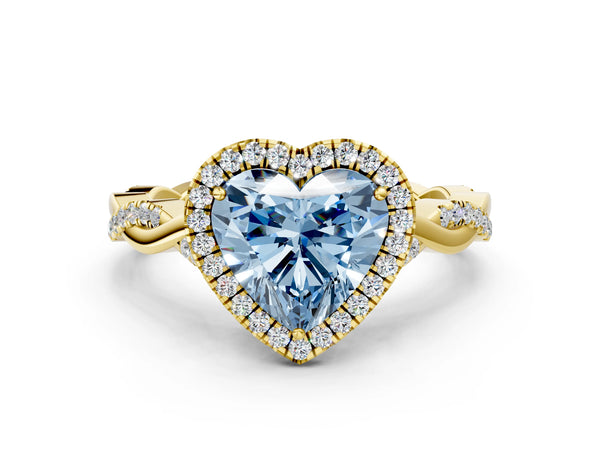 Yellow gold Fancy Blue Heart Cut Halo Twist Band with Four-Prong Setting